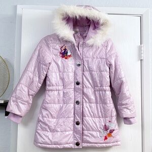 DISNEY FROZEN Winter Puffer Zip Up Long Coat Faux Fur Hood Lilac Jacket Sz 7/8